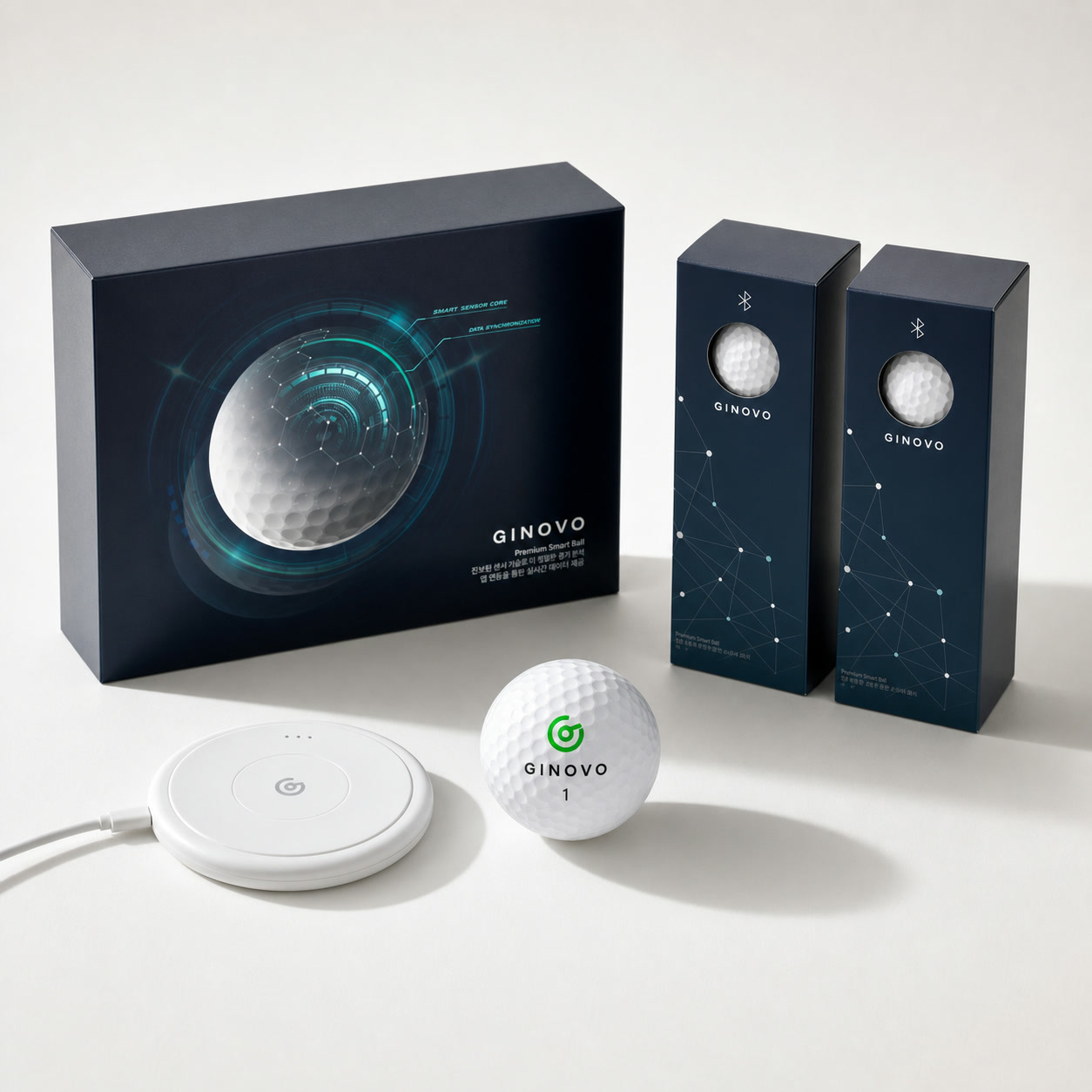 GINOVO 스마트 골프공, 무선 충전 패드와 제품 패키지